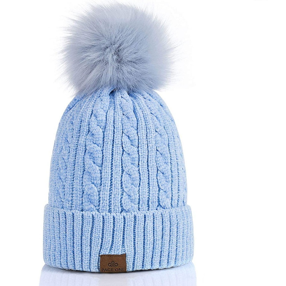 Girls Light Blue Winter Pom Pom Beanie Hat 4-10 Years